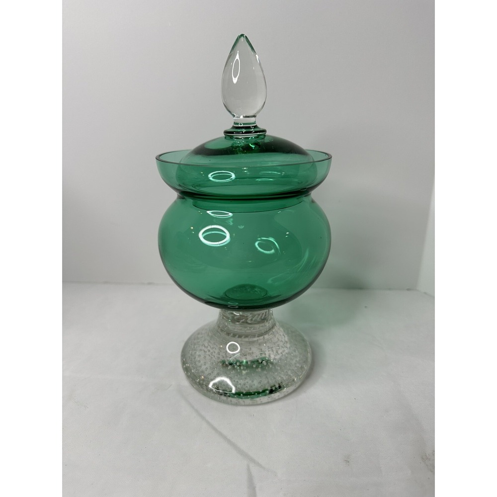 Vintage Green Glass Controlled Bubble Footed Apothecary Candy Dish with Lid